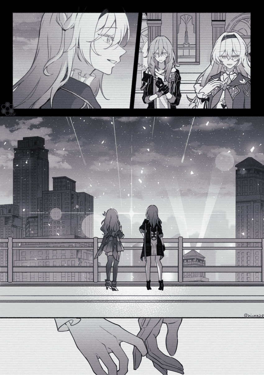 2girls :d absurdres building city cloud firefly_(honkai:_star_rail) flashback gloves greyscale hair_between_eyes hair_intakes hairband highres hive328 honkai:_star_rail honkai_(series) jacket long_hair monochrome multiple_girls multiple_views neckerchief off-shoulder_jacket off_shoulder one_eye_closed open_clothes open_jacket open_mouth outdoors pinky_swear profile railing side-by-side sidelocks smile spotlight stelle_(honkai:_star_rail) thighhighs trailblazer_(honkai:_star_rail) yuri