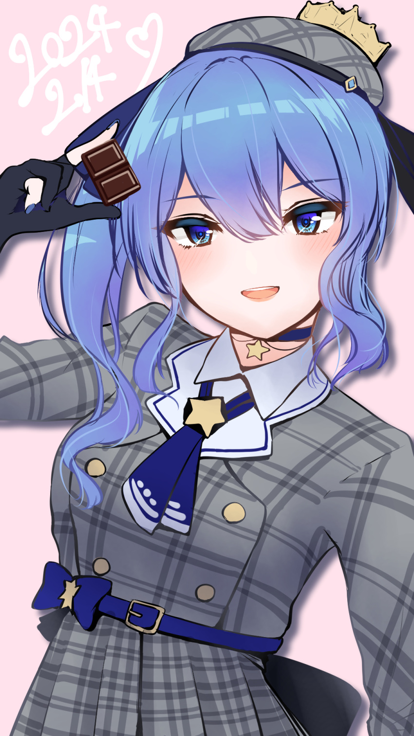 1girl belt beret black_gloves blue_belt blue_choker blue_eyes blue_hair blue_nails blue_necktie chocolate choker dress food gloves grey_dress grey_headwear hat highres holding holding_chocolate holding_food hololive hoshimachi_suisei hoshimachi_suisei_(1st_costume) long_hair looking_at_viewer nail_polish natsunoyuu necktie open_mouth partially_fingerless_gloves pleated_dress smile solo star_(symbol) star_choker virtual_youtuber white_background