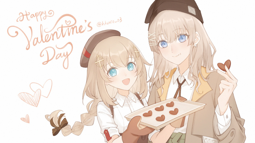 2girls aqua_eyes beret black_headwear blue_eyes braid brown_headwear candy chocolate fnc_(girls'_frontline) food girls'_frontline hair_ornament happy_valentine hat heart heart-shaped_chocolate hei_chuan_gui highres holding holding_chocolate holding_food holding_tray light_brown_hair long_hair looking_at_viewer mittens multiple_girls multiple_hairpins open_mouth scar-l_(girls'_frontline) smile tray twitter_username upper_body white_background
