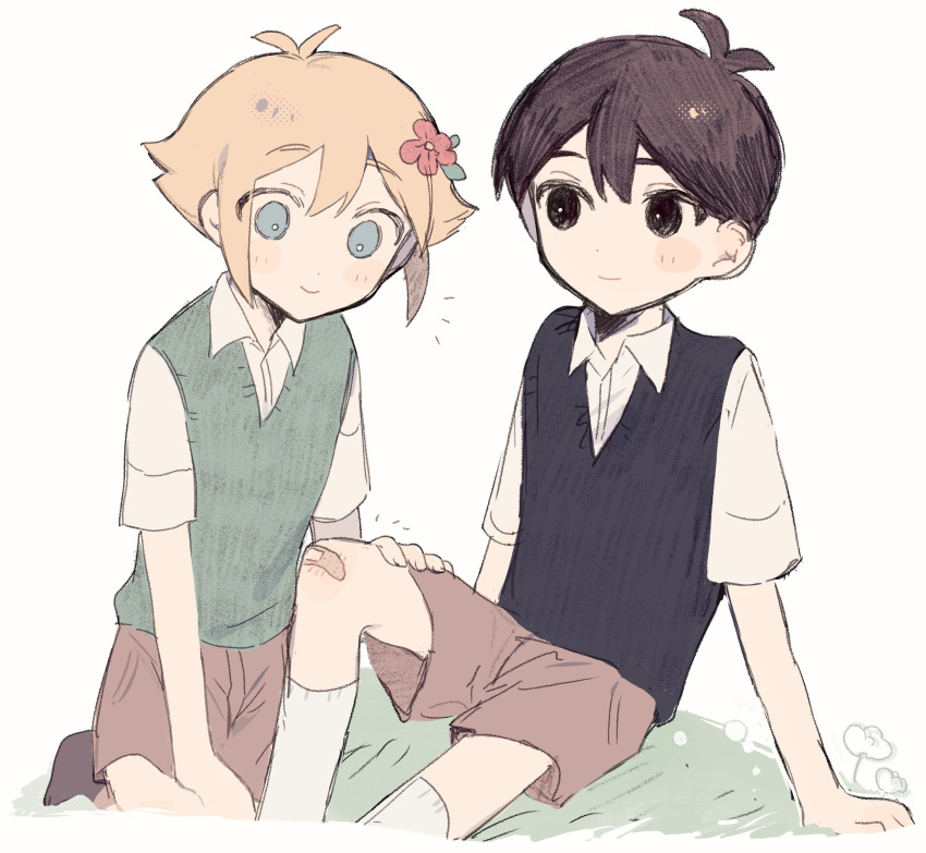 2boys absurdres antenna_hair aqua_eyes basil_(faraway)_(omori) basil_(omori) black_eyes black_hair black_sweater_vest blonde_hair bright_pupils brown_shorts closed_mouth collared_shirt flower green_sweater_vest hair_between_eyes hair_flower hair_ornament hand_on_another's_thigh hand_on_ground highres looking_at_another multiple_boys omori on_ground red_flower shirt short_hair short_sleeves shorts simple_background sippudayo sitting smile socks sunny_(omori) sweat sweatdrop sweater_vest white_pupils white_shirt white_socks