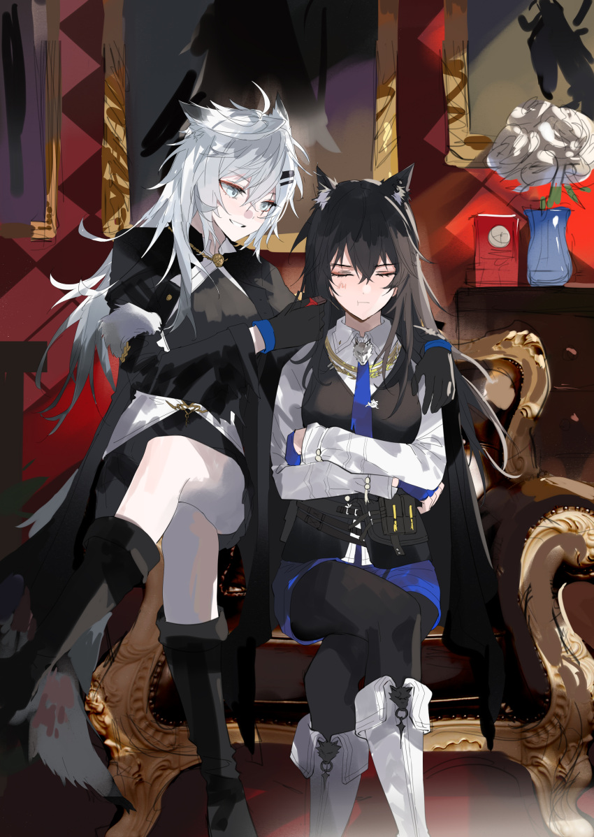 2girls absurdres animal_ear_fluff animal_ears arknights black_coat black_gloves black_hair black_pantyhose black_vest blue_gloves blue_necktie blue_shorts coat fingerless_gloves gloves grey_hair hair_ornament hairclip highres lappland_(arknights) lappland_(refined_horrormare)_(arknights) long_hair long_sleeves meng_ziya multiple_girls necktie official_alternate_costume open_clothes pantyhose scar scar_across_eye shirt shorts smile texas_(arknights) texas_the_omertosa_(arknights) vest white_shirt wolf_ears wolf_girl