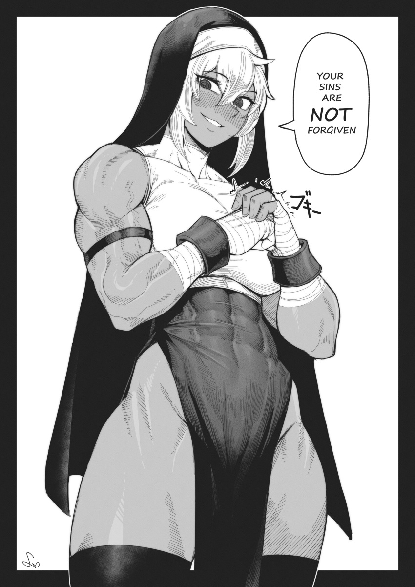 1girl abs absurdres armband bandaged_wrist bandages bare_hips breasts dark-skinned_female dark_skin english_text evil_smile greyscale highres large_breasts looking_at_viewer looking_down monochrome muscular muscular_female nun original pelvic_curtain signature sleeveless smile speech_bubble speedl00ver thick_thighs thighhighs thighs white_hair wristband