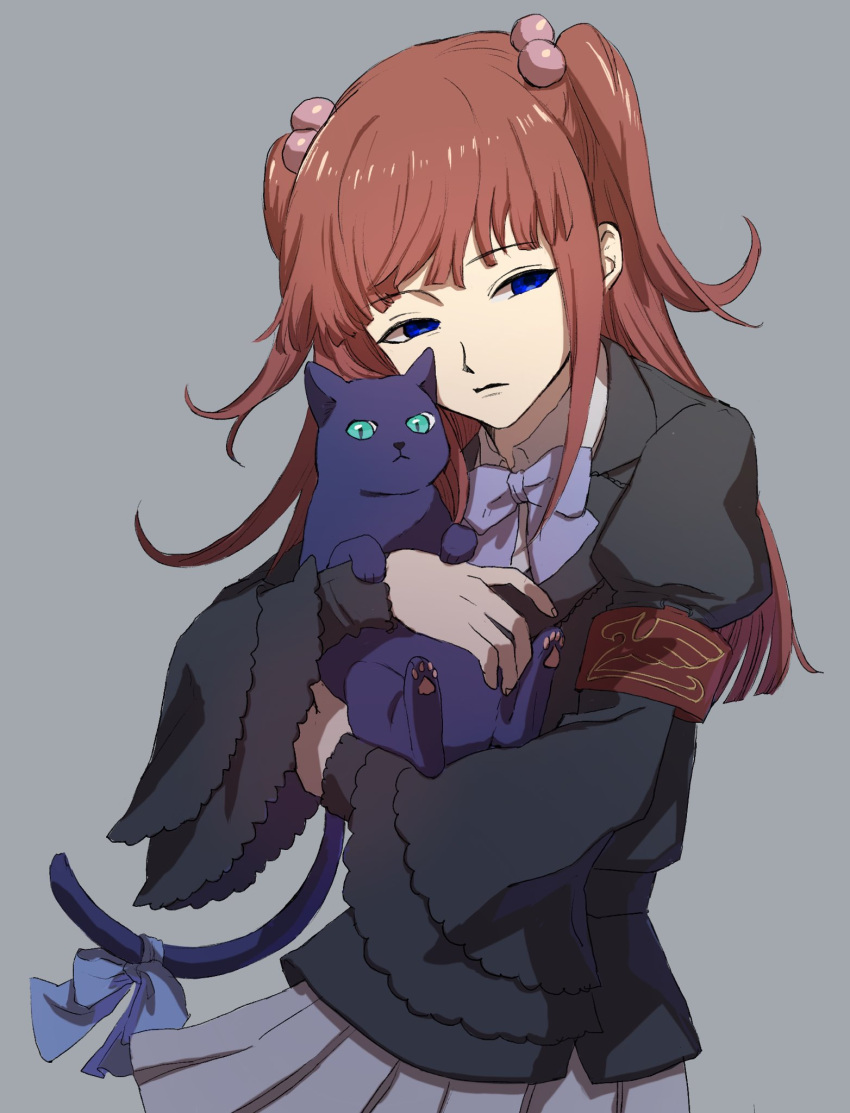 1girl animal armband black_cat blue_eyes blunt_bangs bow cat closed_mouth collared_shirt empty_eyes frederica_bernkastel frederica_bernkastel_(cat) frilled_sleeves frills green_eyes grey_background hair_bobbles hair_ornament highres holding holding_animal holding_cat jacket long_hair long_sleeves looking_at_viewer nasu_(nasuotabe) pleated_skirt puffy_long_sleeves puffy_sleeves red_hair shirt sidelocks simple_background skirt tail tail_bow tail_ornament two_side_up umineko_no_naku_koro_ni ushiromiya_ange white_skirt witch