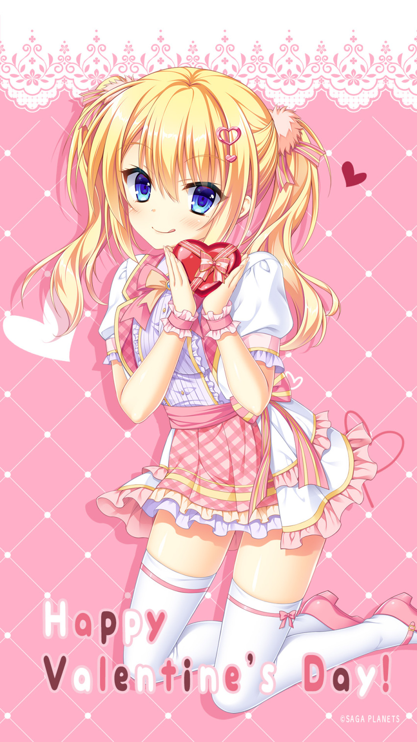 1girl :q blonde_hair blue_eyes blush bow box center_frills closed_mouth company_name eyes_visible_through_hair foot_out_of_frame frilled_skirt frilled_sleeves frilled_wrist_cuffs frills gift hair_between_eyes hair_ornament hands_up happy_valentine heart heart-shaped_box heart_hair_ornament highres holding holding_gift kin-iro_loveriche kisaki_reina kneeling long_hair looking_at_viewer mary_janes official_art official_wallpaper orange_bow pink_background pink_footwear pink_skirt pink_wrist_cuffs plaid plaid_skirt pom_pom_(clothes) pom_pom_hair_ornament puffy_short_sleeves puffy_sleeves red_bow shirt shoes short_sleeves simple_background skirt smile solo thighhighs tongue tongue_out toranosuke twintails two-tone_skirt valentine wavy_hair white_shirt white_skirt white_thighhighs wrist_cuffs zettai_ryouiki