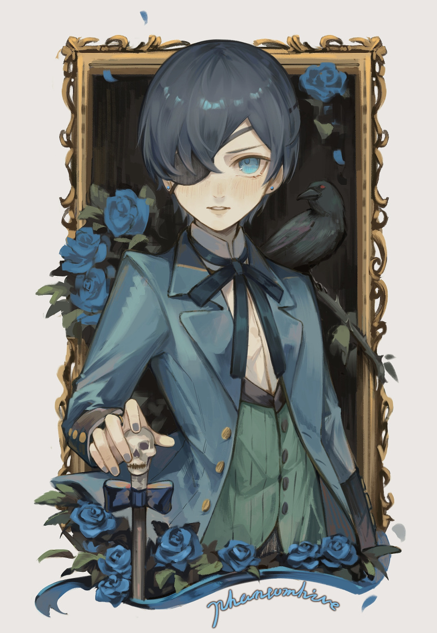 1boy alice_(openhexagon) animal animal_on_shoulder bird blue_eyes blue_flower blue_hair blue_jacket blue_nails blue_petals blue_ribbon buttons character_name ciel_phantomhive crow dark_blue_hair earrings eyepatch flower green_shirt highres jacket jewelry kodona kuroshitsuji lolita_fashion looking_at_viewer male_focus petals picture_frame ribbon shirt short_hair simple_background solo victorian white_background