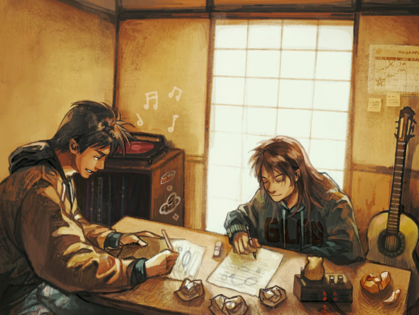 2boys acoustic_guitar black_eyes black_hair blue_hoodie brown_hair brown_hoodie calendar_(object) closed_eyes closed_mouth commentary crumpled_paper english_commentary eraser guitar gwok_hiujin highres holding holding_pencil hood hood_down hoodie ichijou_seiya indoors instrument joukyou_seikatsuroku_ichijou kaiji long_hair male_focus medium_bangs multiple_boys murakami_tamotsu musical_note open_mouth pencil record short_hair shouji sliding_doors smile upper_body writing