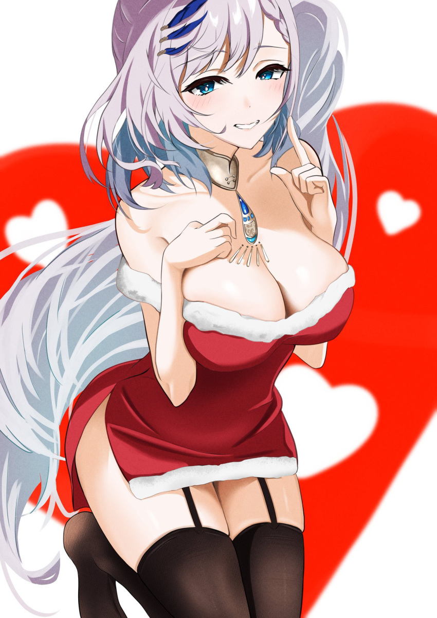 1girl black_garter_straps black_thighhighs blue_eyes blue_feathers breasts cleavage collarbone commission dress feather_hair feathers fur-trimmed_dress fur_trim garter_straps grey_hair heart highres hololive hololive_english kneeling large_breasts long_hair oz1n pavolia_reine red_dress santa_dress skeb_commission solo strapless strapless_dress thighhighs virtual_youtuber