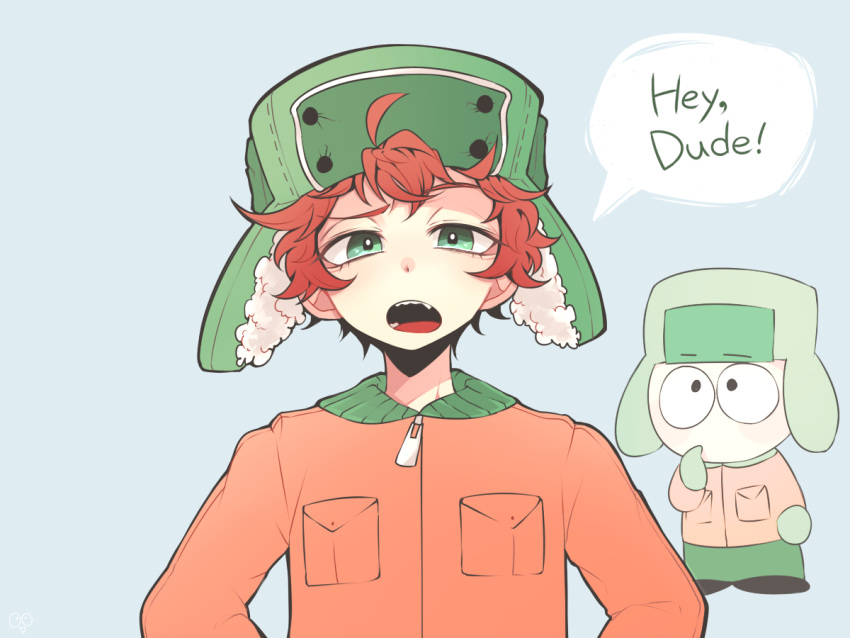 1boy blue_background english_text fang fur_hat green_eyes halloween_(owo) hat jacket kyle_broflovski male_focus open_mouth orange_hair short_hair south_park ushanka zipper_pull_tab