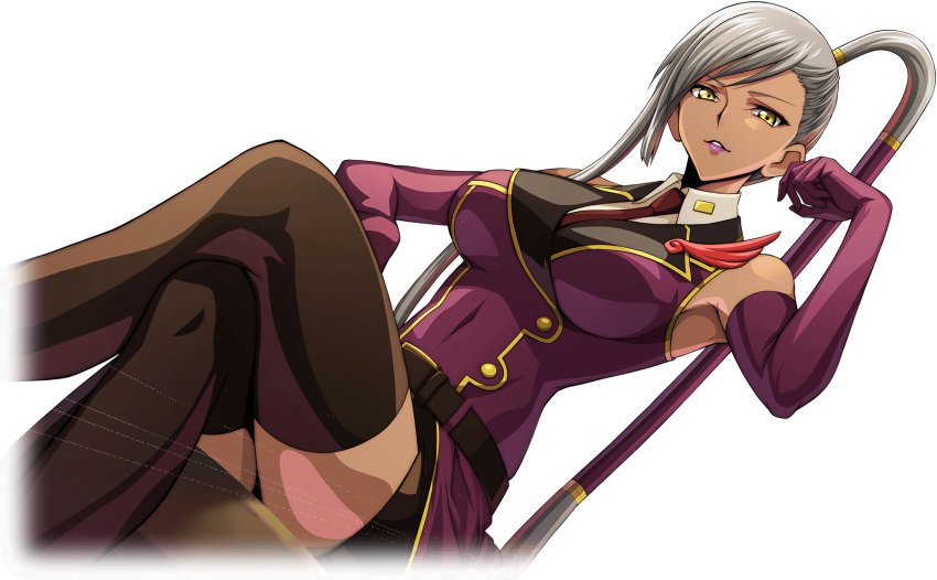 1girl artist_request asymmetrical_hair bare_shoulders belt black_skirt black_thighhighs breasts buttons coat code_geass code_geass:_lost_stories collared_shirt covered_navel cropped_legs crossed_legs dark-skinned_female dark_skin dutch_angle elbow_gloves game_cg gloves grey_hair hand_up high_ponytail highres lapel_pin large_breasts lipstick long_hair looking_at_viewer makeup military_uniform miniskirt necktie non-web_source official_art on_stool parted_lips pencil_skirt purple_coat purple_gloves purple_lips red_necktie shirt side_ponytail sidelocks simple_background sitting skirt sleeveless sleeveless_coat sleeveless_shirt solo stool teeth thighhighs thighs transparent_background uniform v-shaped_eyebrows very_long_hair villetta_nu white_shirt yellow_eyes zettai_ryouiki
