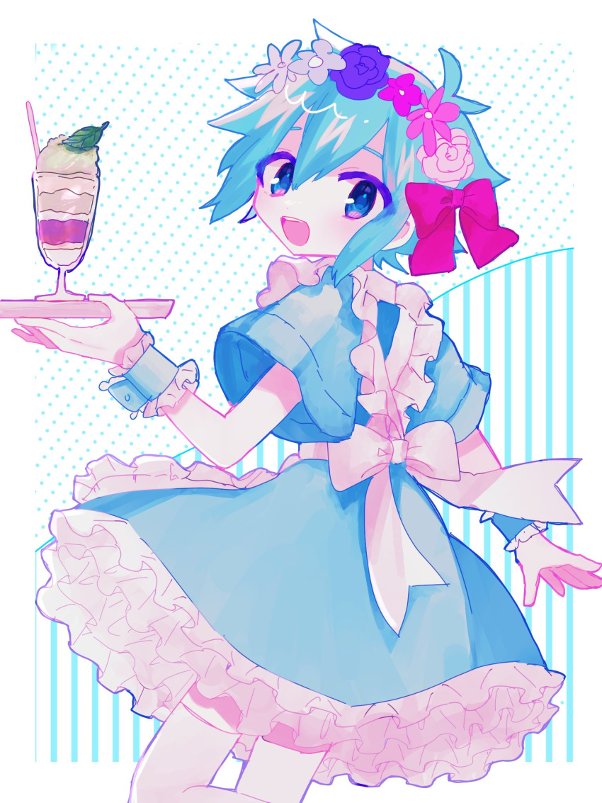 1boy alternate_costume antenna_hair apron aqua_dress aqua_eyes aqua_hair basil_(headspace)_(omori) basil_(omori) bow collar cup dress drinking_glass drinking_straw frilled_collar frilled_dress frills hair_between_eyes hair_bow head_wreath highres holding holding_tray looking_at_viewer looking_back maid maid_apron omori open_mouth pink_bow short_hair smile solo teeth thighhighs tray upper_teeth_only white_bow white_thighhighs wrist_cuffs yuyuyu_m5