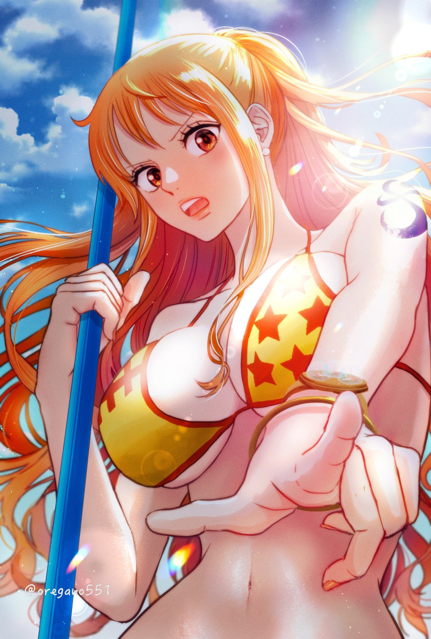 1girl bare_shoulders bikini blue_sky blush bracelet breasts cleavage cloud cloudy_sky commentary_request earrings from_below halterneck high_ponytail highres holding holding_staff jewelry large_breasts log_pose long_hair looking_at_viewer midriff nami_(one_piece) navel official_alternate_costume official_alternate_hairstyle one_piece open_mouth orange_eyes orange_hair oregano551 outdoors pearl_earrings pointing pointing_at_viewer print_bikini shoulder_tattoo single_sidelock sky solo staff star_(symbol) star_print sunlight swimsuit tattoo teeth twitter_username upper_body upper_teeth_only wavy_hair yellow_bikini