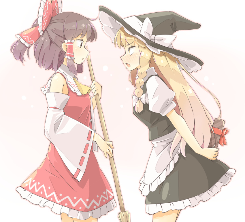 2girls apron arnest ascot bare_shoulders black_headwear black_skirt black_vest blonde_hair blush bow braid breasts broom brown_hair cowboy_shot detached_sleeves eye_contact frilled_apron frilled_bow frilled_hair_tubes frilled_skirt frills from_side hair_bow hair_tubes hakurei_reimu hat highres holding holding_behind_back holding_broom kirisame_marisa long_hair long_sleeves looking_at_another medium_hair multiple_girls open_mouth profile puffy_short_sleeves puffy_sleeves red_bow red_skirt red_vest ribbon-trimmed_sleeves ribbon_trim short_sleeves side_braid single_braid skirt skirt_set small_breasts standing touhou valentine vest waist_apron white_apron white_sleeves wide_sleeves witch_hat yellow_ascot yuri