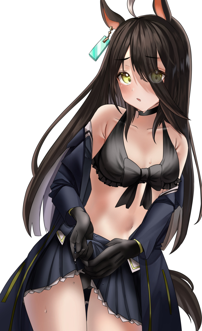 1girl absurdres ahoge animal_ears bikini black_bikini black_choker black_gloves black_hair black_jacket blush breasts choker commentary_request cowboy_shot earrings gloves hair_between_eyes highres horse_ears horse_girl horse_tail jacket jewelry long_hair looking_at_viewer manhattan_cafe_(umamusume) multicolored_hair open_clothes open_jacket open_mouth po_musubi single_earring small_breasts solo streaked_hair swimsuit tail umamusume undressing white_hair yellow_eyes