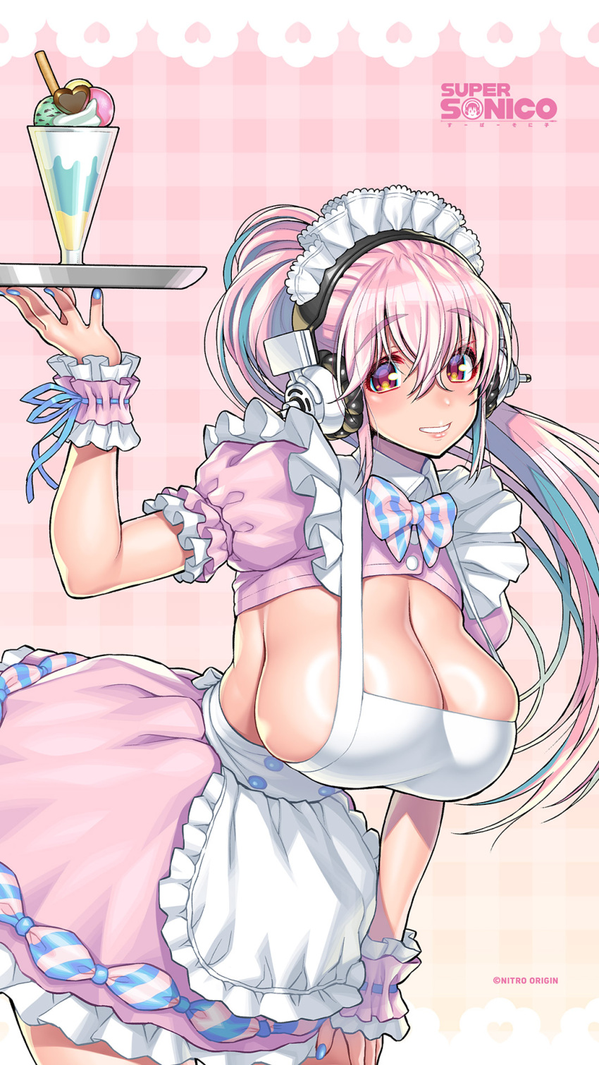apron bow breasts cleavage cowboy_shot happy_valentine headphones highres holding holding_tray huge_breasts looking_at_viewer maid_apron maid_headdress nail_polish nitroplus official_art official_wallpaper parfait pink_hair plump sideboob super_sonico tray tsuji_santa valentine wrist_cuffs zettai_ryouiki