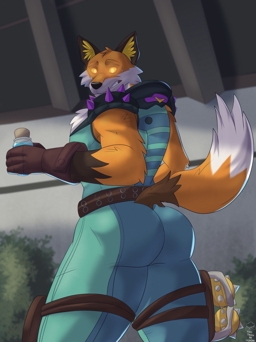 anthro balls belt bubble_butt butt canid canine clothing donttouchmylasagna epic_games fennix_(fortnite) fortnite fox fur genitals gloves glowing glowing_eyes handwear hi_res latex latex_clothing looking_at_viewer male mammal nervous nervous_sweat orange_body orange_fur shield_potion solo spikes standing straps surprise tail teeth white_body white_fur yellow_eyes