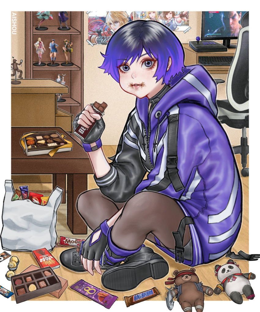 1girl ai_shou arcade_stick bag black_hair brand_name_imitation cabinet candy chair chocolate commentary controller drawstring eating figure fingerless_gloves food food_on_face game_controller gloves highres hood hood_down hooded_jacket hoodie indian_style indoors jacket joystick kazama_asuka kazama_jun keyboard_(computer) kitkat kuma_(tekken) lili_(tekken) ling_xiaoyu looking_at_viewer mishima_kazuya mokujin_(tekken) monitor multicolored_clothes multicolored_hair multicolored_jacket panda_(tekken) pantyhose pocky poster_(object) purple_eyes purple_hair reina_(tekken) shopping_bag short_hair sitting snickers_(brand) stuffed_toy tape tekken tekken_8 video_game zipper