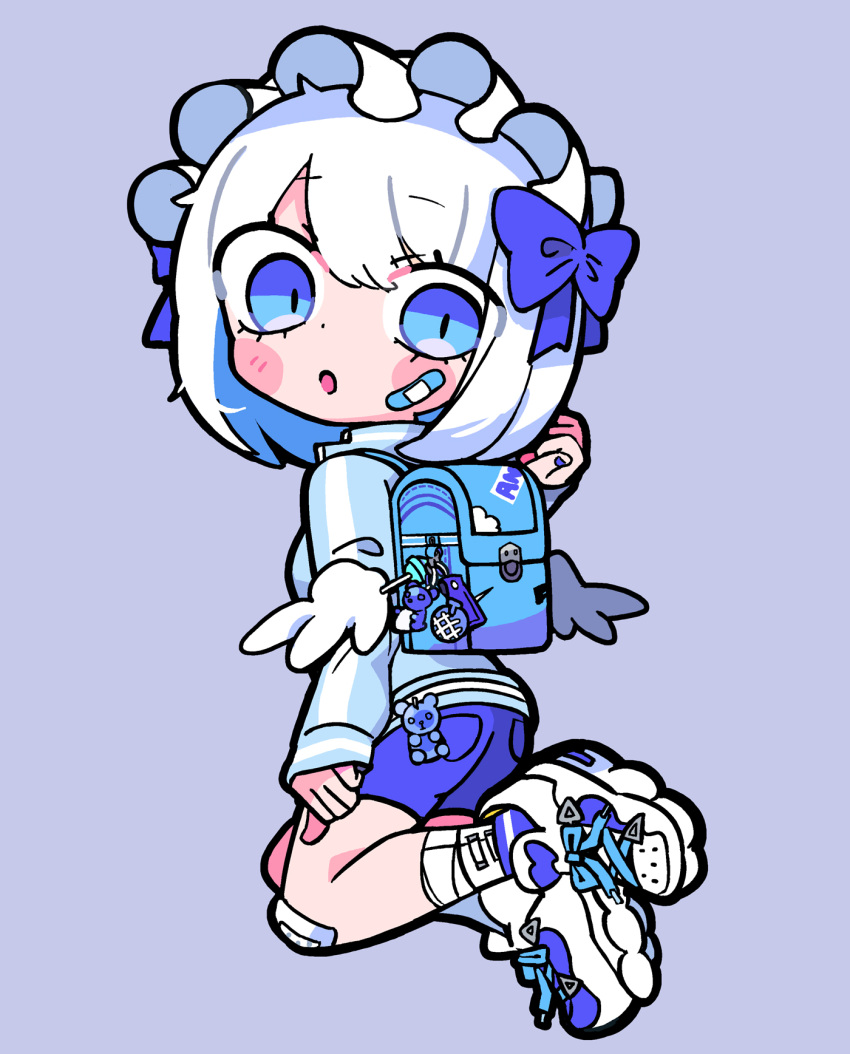 1girl backpack bag bandaid bandaid_on_cheek bandaid_on_face black_outline blue_bag blue_bow blue_eyes blue_footwear blue_nails blue_shorts blue_track_suit blush_stickers bow chibi feathered_wings gauze_on_knee hair_bow headdress highres light_blue_background looking_to_the_side original outline short_hair shorts solo terada_tera track_suit white_hair white_headdress wings