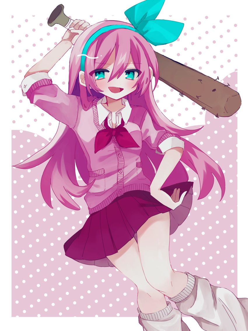 1girl aqua_eyes aqua_headband aqua_headwear arm_up aubrey_(faraway)_(omori) aubrey_(omori) baseball_bat cardigan collared_shirt hand_on_own_hip headband highres holding holding_baseball_bat leg_warmers long_hair looking_at_viewer nail nail_bat neckerchief omori open_mouth pink_background pink_cardigan pink_hair pink_skirt pleated_skirt polka_dot polka_dot_background red_neckerchief shirt short_sleeves simple_background skirt smile solo white_background white_leg_warmers white_shirt yuyuyu_m5