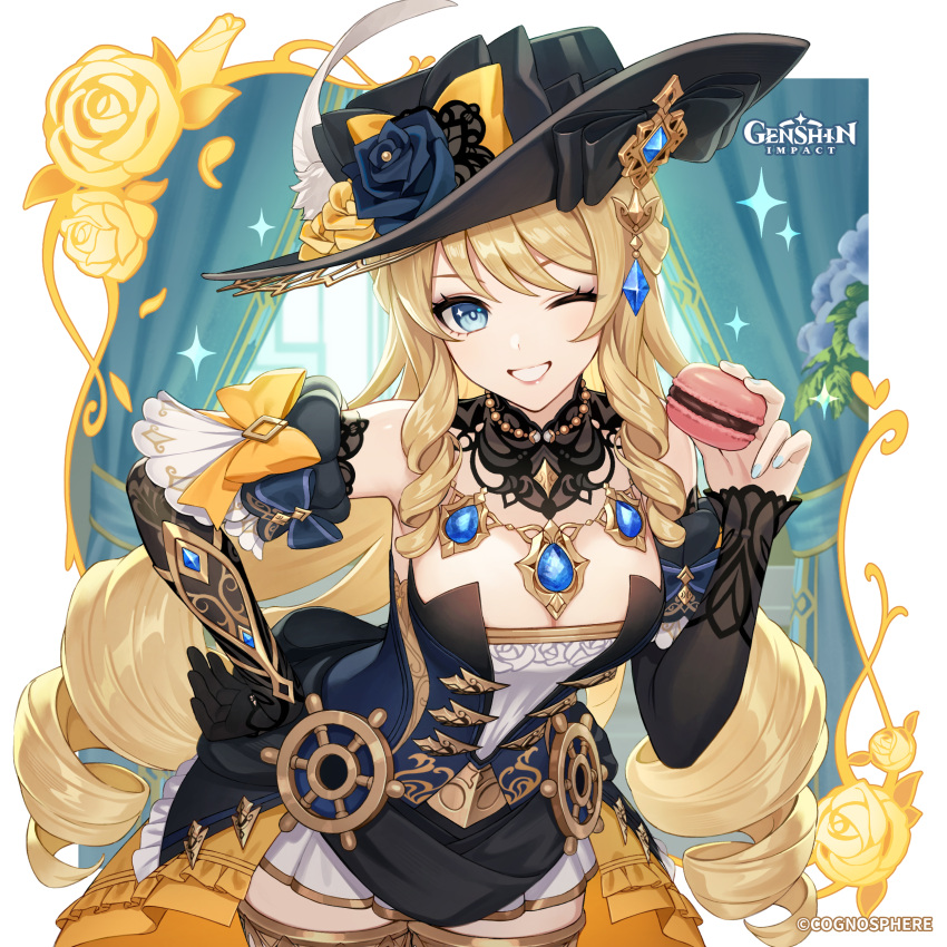 1girl absurdres bare_shoulders black_dress black_headwear blonde_hair blue_eyes breasts cleavage commentary cowboy_shot detached_sleeves dress food genshin_impact grin highres holding holding_food jewelry long_hair long_sleeves looking_at_viewer macaron navia_(genshin_impact) necklace official_art one_eye_closed smile solo standing strapless strapless_dress tokki very_long_hair