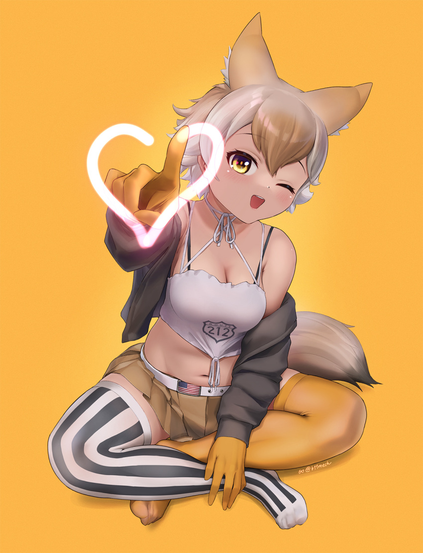 1girl animal_ears bare_shoulders beleven belt blonde_hair camisole coyote_(kemono_friends) extra_ears gloves heart highres jacket kemono_friends kemono_friends_v_project looking_at_viewer navel one_eye_closed short_hair simple_background skirt solo tail thighhighs virtual_youtuber wolf_ears wolf_girl wolf_tail yellow_background yellow_eyes