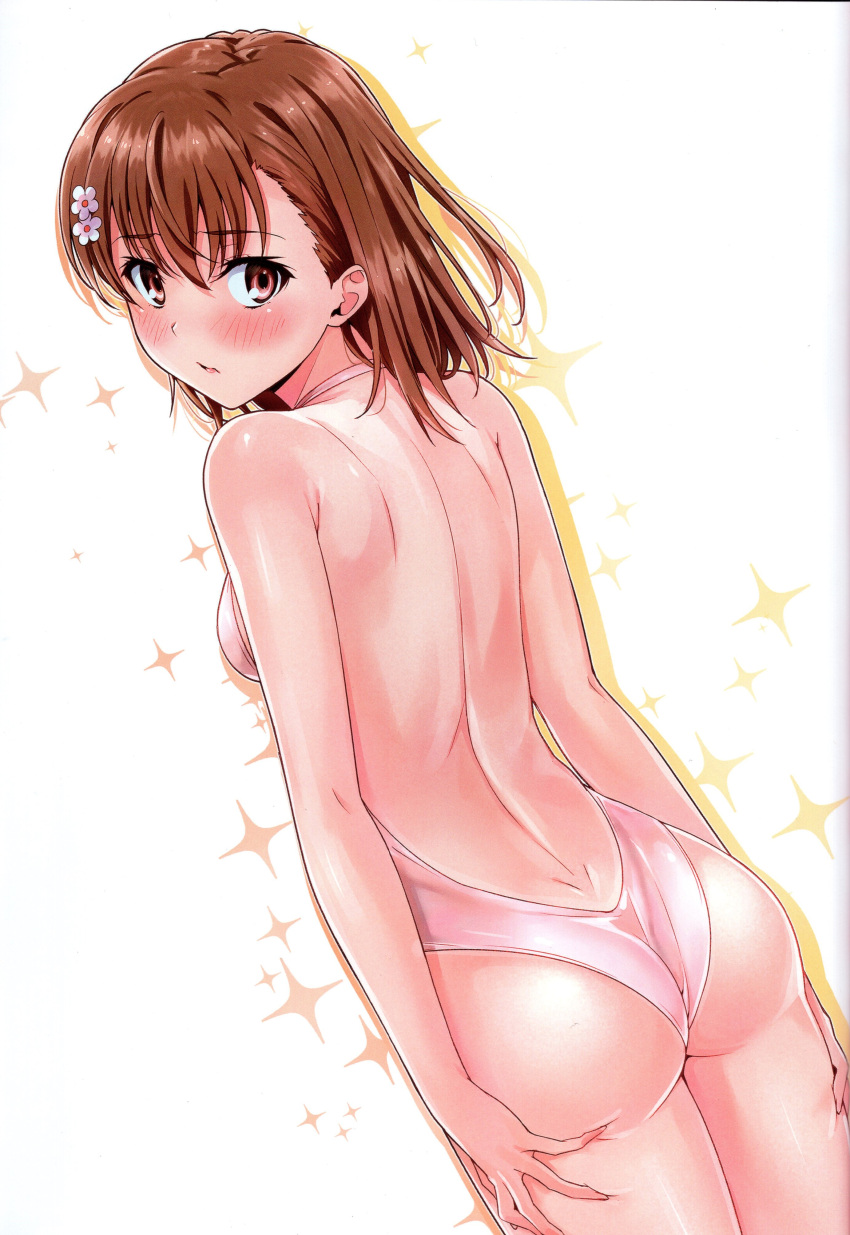 1girl absurdres ass bare_arms bare_shoulders blush breasts brown_eyes brown_hair closed_mouth hair_ornament highleg highleg_swimsuit highres isshi_pyuma looking_at_viewer looking_back misaka_mikoto scan small_breasts solo swimsuit thighs toaru_kagaku_no_railgun toaru_majutsu_no_index