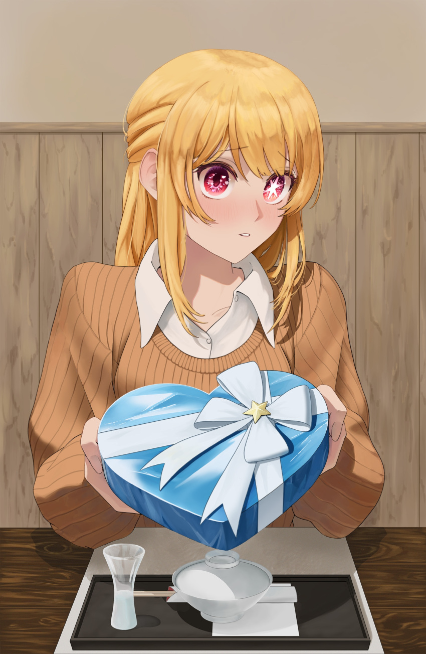 1girl aqwariate blonde_hair blush brown_sweater chopsticks collarbone collared_shirt commentary dress_shirt english_commentary gift half_updo highres hoshino_ruby indoors long_hair long_sleeves mismatched_pupils oshi_no_ko parted_lips pink_eyes shirt sidelocks solo star-shaped_pupils star_(symbol) sweater symbol-shaped_pupils valentine white_shirt