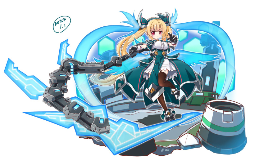 black_gloves blonde_hair blunt_bangs breasts cosmic_break feuille_vert full_body gloves heirou_enterprise highres holding holding_sickle holding_weapon keyhole lolita_fashion long_hair looking_at_viewer medium_breasts red_eyes sidelocks sword thighhighs twintails very_long_hair weapon