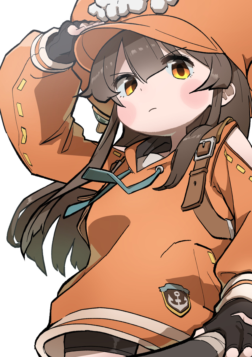 1girl absurdres black_gloves black_shorts brown_eyes brown_hair cabbie_hat closed_mouth fingerless_gloves gloves guilty_gear guilty_gear_strive hand_on_headwear hat highres jacket kurochu0025 long_hair long_sleeves looking_at_viewer may_(guilty_gear) orange_headwear orange_jacket shorts solo white_background