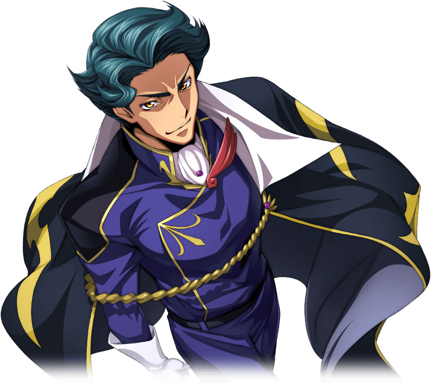 1boy arm_at_side artist_request ascot belt black_cape blue_hair blue_jacket blue_pants cape closed_mouth code_geass code_geass:_lost_stories cowboy_shot forehead from_above furrowed_brow game_cg gem gloves happy jacket jeremiah_gottwald lapel_pin long_sleeves looking_at_viewer male_focus military_uniform non-web_source official_art orange_eyes pants purple_gemstone short_hair smile solo standing uniform v-shaped_eyebrows walking white_ascot white_gloves