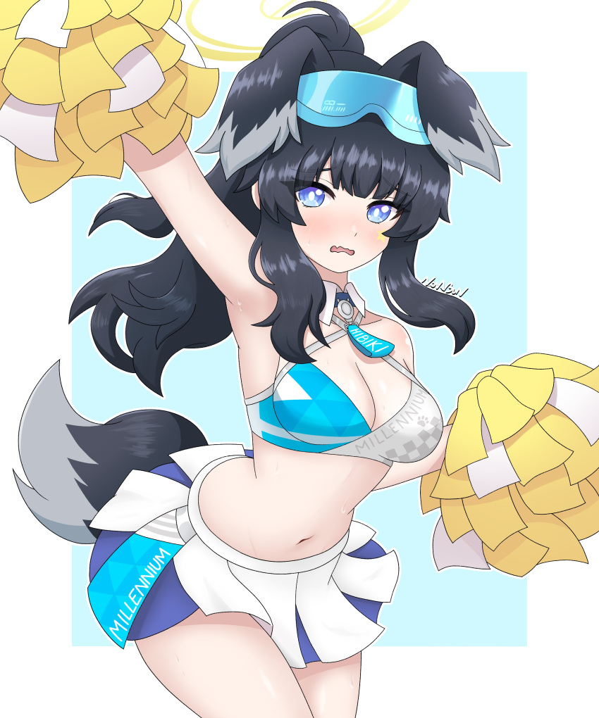 1girl absurdres animal_ears black_hair blue_archive blue_eyes breasts cheerleader dog_ears dog_girl dog_tail grey_hair halo hibiki_(blue_archive) hibiki_(cheer_squad)_(blue_archive) highres looking_at_viewer medium_breasts millennium_cheerleader_outfit_(blue_archive) multicolored_hair navel novabunvt pom_pom_(cheerleading) simple_background star_(symbol) tail yellow_halo