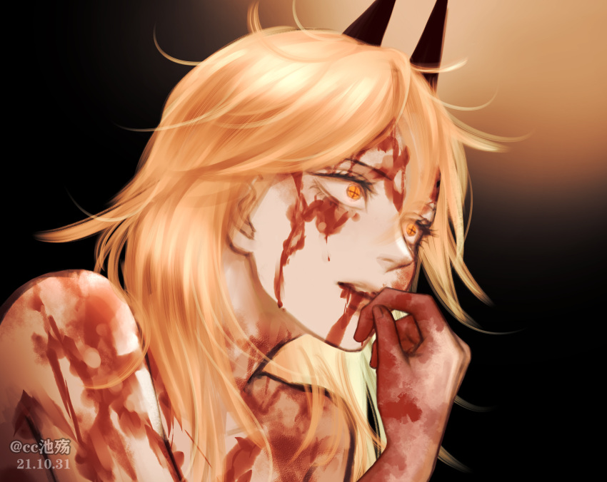 1girl blonde_hair blood blood_from_mouth blood_on_body blood_on_face blood_on_hands chainsaw_man chinese_commentary commentary_request czy_(2894456992) dated highres horns long_hair messy_hair nude orange_eyes parted_lips portrait power_(chainsaw_man) profile solo watermark