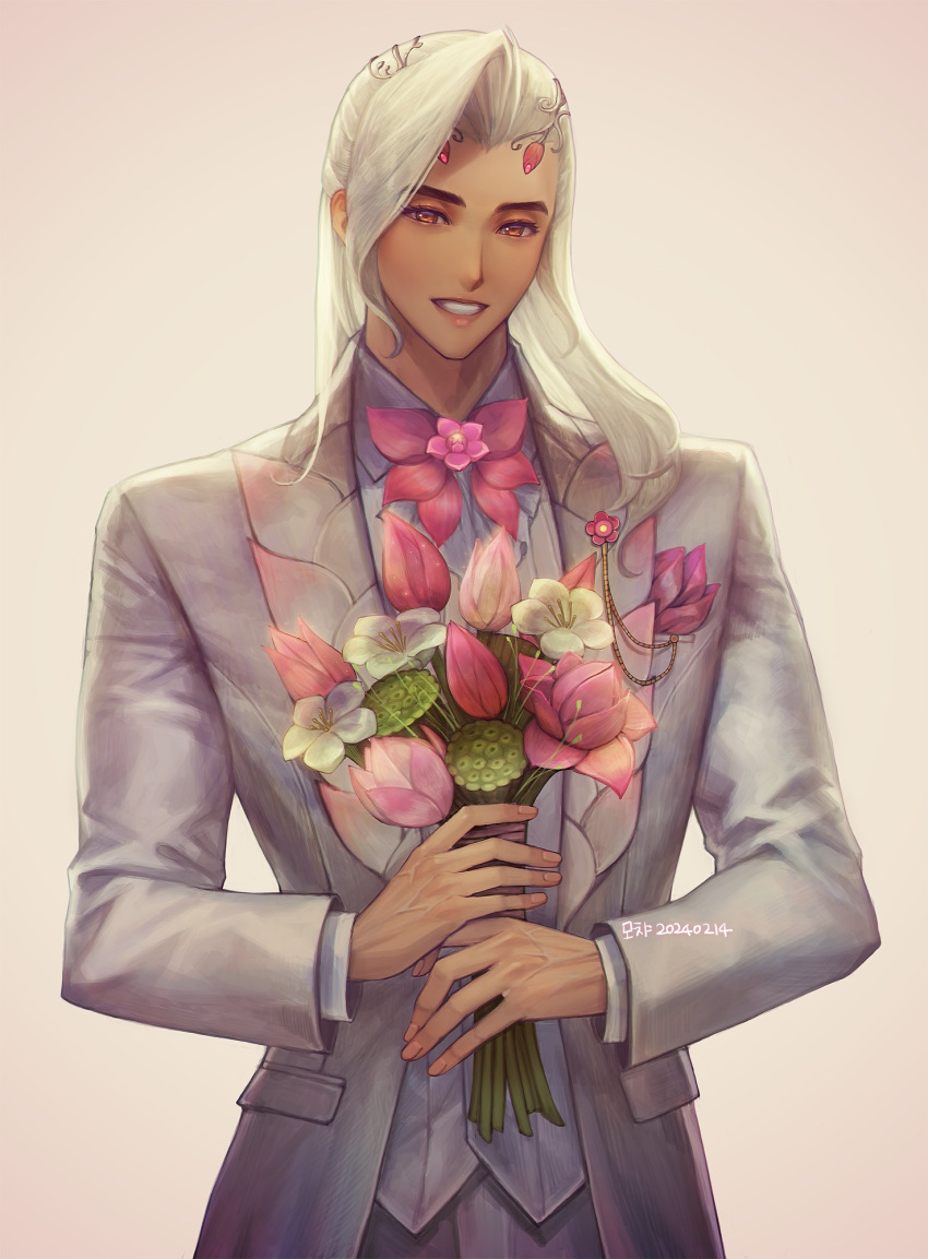 1boy androgynous berakoth bouquet english_commentary flower formal highres korean_commentary lifeweaver_(overwatch) long_hair looking_at_viewer male_focus mixed-language_commentary overwatch overwatch_2 pink_flower simple_background smile solo twitter_username white_background white_flower white_hair