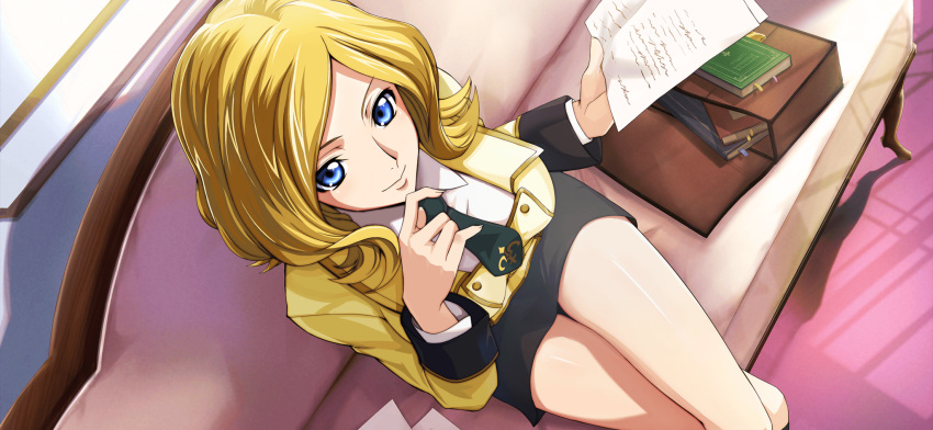 1girl artist_request bag black_skirt blonde_hair blue_eyes book bookmark breasts buttons closed_mouth code_geass code_geass:_lost_stories collared_shirt couch crossed_legs double-breasted dutch_angle from_above game_cg green_necktie hand_on_own_chin hands_up happy highres holding holding_paper indoors jacket layered_sleeves long_sleeves looking_at_viewer looking_up medium_breasts medium_hair milly_ashford miniskirt necktie non-web_source official_art on_couch paper pencil_skirt school_uniform shiny_skin shirt sidelocks sitting skirt smile solo stroking_own_chin thighs v-shaped_eyebrows white_shirt yellow_jacket