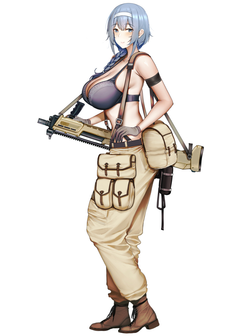 1girl absurdres alternate_costume blue_eyes blue_hair blush boots bra braid breasts brown_footwear brown_pants bullpup cleavage dp-12_(girls'_frontline) full_body girls'_frontline gun gun_sling hairband highres kitsune_udon_(ai_br) large_breasts long_hair looking_at_viewer pants pouch pump_action shotgun smile solo standard_manufacturing_dp-12 underwear weapon white_background white_hairband