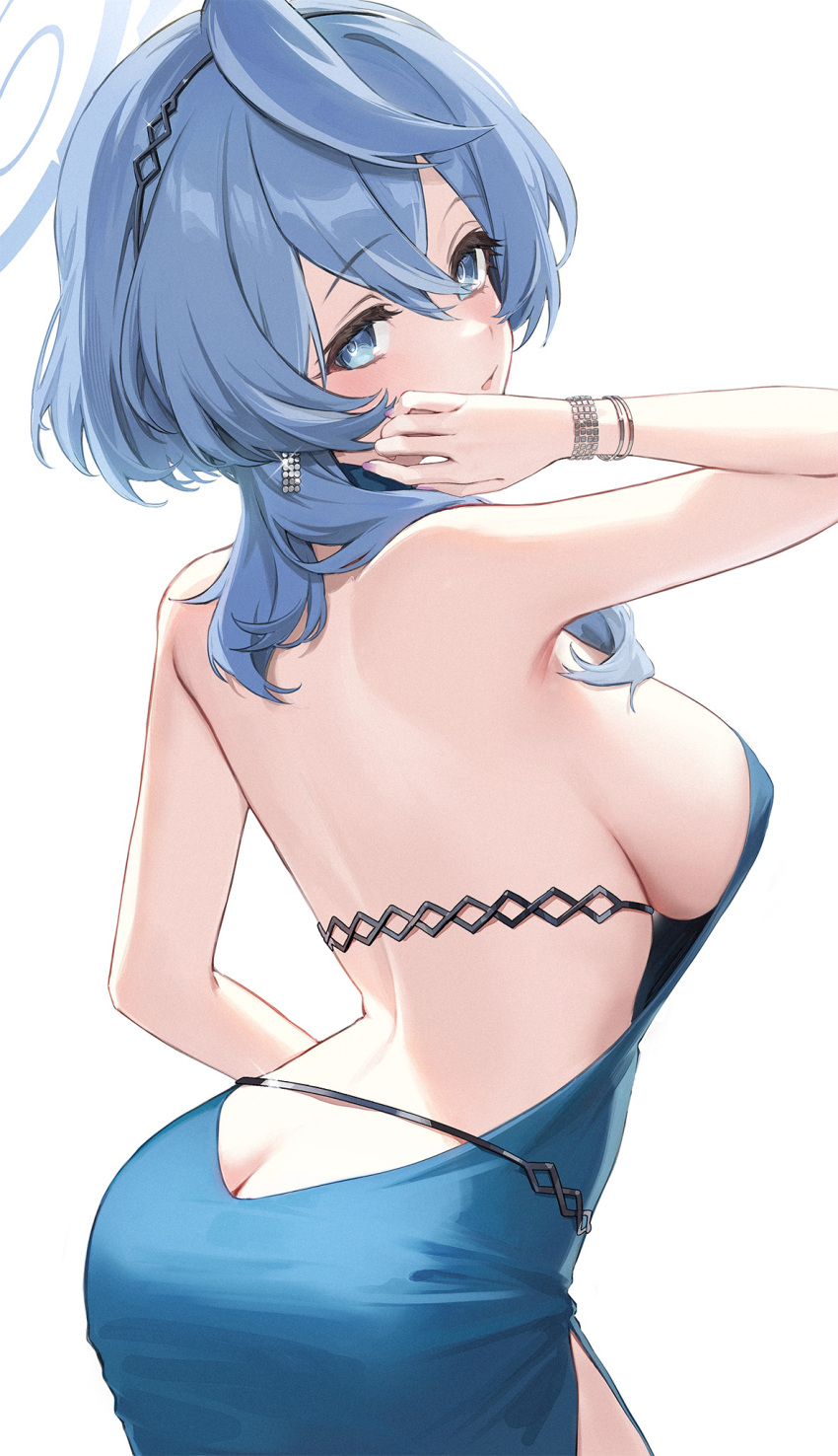 1girl ako_(blue_archive) ako_(dress)_(blue_archive) ass backless_dress backless_outfit black_hairband blue_archive blue_dress blue_eyes blue_hair blue_halo blush breasts cowboy_shot dress earrings hairband halo highres jewelry large_breasts long_hair looking_at_viewer official_alternate_costume open_mouth simple_background sleeveless sleeveless_dress solo usuke_(u_skeeep) white_background