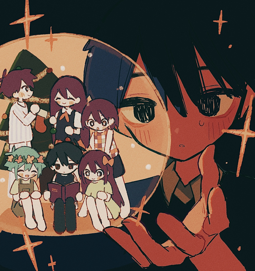 2girls 5boys :o antenna_hair aubrey_(headspace)_(omori) aubrey_(omori) bare_shoulders basil_(headspace)_(omori) basil_(omori) black_background black_eyes black_hair black_socks black_tank_top blue_pajamas blush bow bright_pupils brother_and_sister brothers checkered_clothes checkered_shirt christmas christmas_stocking christmas_tree closed_eyes closed_mouth collared_shirt colored_skin green_shirt hair_between_eyes hair_bow hair_ornament hands_on_own_knees head_wreath hero_(headspace)_(omori) hero_(omori) highres kel_(headspace)_(omori) kel_(omori) knees_up long_hair long_sleeves mari_(headspace)_(omori) mari_(omori) multiple_boys multiple_girls neckerchief no_pupils omori omori_(omori) open_mouth overalls pajamas pants pink_bow purple_hair reading red_neckerchief shirt short_hair short_sleeves siblings sitting skirt smile socks striped_clothes striped_pants striped_shirt sunny_(omori) tank_top user_yprm7442 vertical-striped_clothes vertical-striped_pajamas vertical-striped_pants vertical-striped_shirt white_pupils white_shirt white_skin