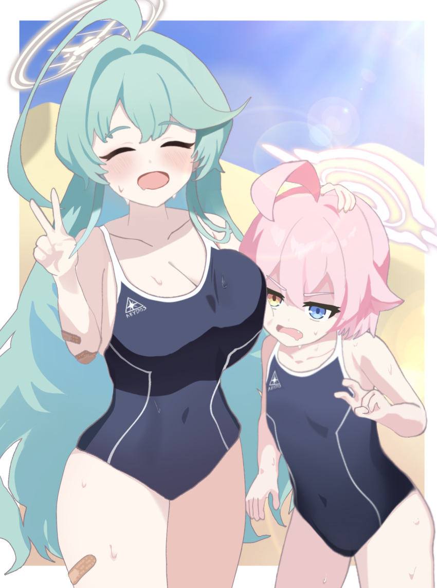 2girls absurdres abydos_high_school_swimsuit ahoge bandaid bandaid_on_arm bare_arms bare_shoulders black_one-piece_swimsuit blue_archive blue_eyes blue_hair blue_sky blush breasts cleavage closed_eyes collarbone commentary covered_navel day facing_viewer fang flat_chest hair_between_eyes halo hand_on_another's_head heterochromia highres homulily hoshino_(blue_archive) hoshino_(young)_(blue_archive) large_breasts long_hair multiple_girls one-piece_swimsuit open_mouth outdoors pink_hair pink_halo shaded_face short_hair sky smile standing sweat swimsuit v yellow_eyes yellow_halo yume_(blue_archive)