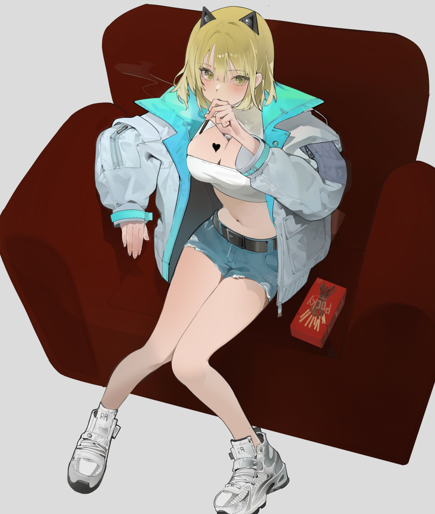 1girl absurdres bare_legs belt black_belt blonde_hair buri_(retty9349) cutoffs denim denim_shorts food grey_eyes grey_jacket highres holding holding_food jacket looking_at_viewer midriff navel open_clothes open_jacket pocky shoes short_hair short_shorts shorts sneakers solo stomach strapless thighs tube_top white_footwear