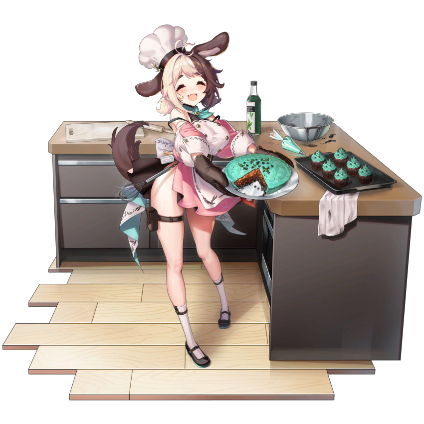 1girl animal_ear_fluff animal_ears ankle_socks apron back_bow bare_shoulders belt black_belt black_footwear blush bow bowl breasts brown_hair buttons chef_hat chocolate_chip chocolate_tart closed_eyes counter cupcake cutting_board dispenser dog_ears dog_girl dog_tail double-breasted dress english_text fang food full_body glass_bottle green_neckerchief grey_hair hachiko_of_castling hat heart highres holding holding_plate huge_bow kitchen large_breasts last_origin low_twintails mary_janes mel_(dodosae) melting mint mint_chocolate multicolored_hair neckerchief off-shoulder_dress off_shoulder official_alternate_costume official_art open_mouth oven oven_mitts pastry_bag pigeon-toed pink_dress plate puffy_sleeves rag rolling_pin shoes short_dress short_twintails side_slit sidelocks socks solo spice split-color_hair standing tachi-e tail tareme thick_eyebrows thick_thighs thigh_belt thigh_pouch thigh_strap thighs third-party_source tongue transparent_background tray twintails two-tone_hair valentine whisk white_apron white_bow white_headwear white_socks wooden_floor