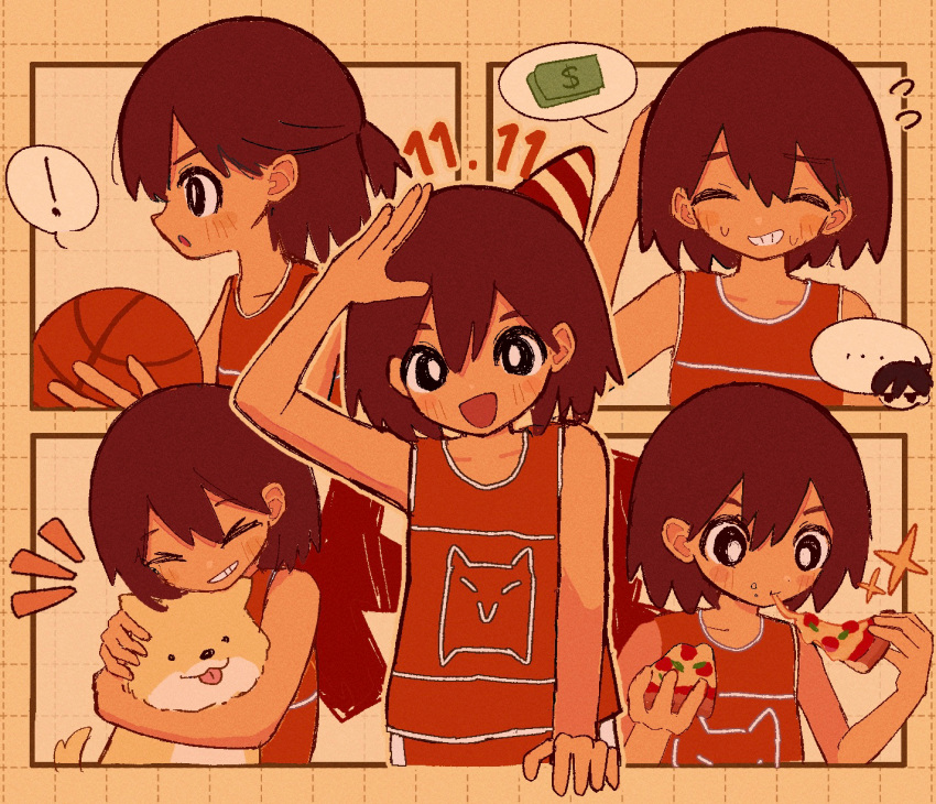 ! ... 1boy alternate_hairstyle ball basketball_(object) black_eyes bright_pupils brown_hair closed_eyes dog eating flying_sweatdrops food grin hair_between_eyes hat hector_(omori) highres holding holding_food holding_pizza kel_(faraway)_(omori) kel_(omori) looking_at_viewer medium_hair money omori omori_(omori) open_mouth orange_tank_top party_hat pizza pizza_slice ponytail shirt sleeveless sleeveless_shirt smile solo sweat sweatdrop tan tank_top user_yprm7442 white_pupils