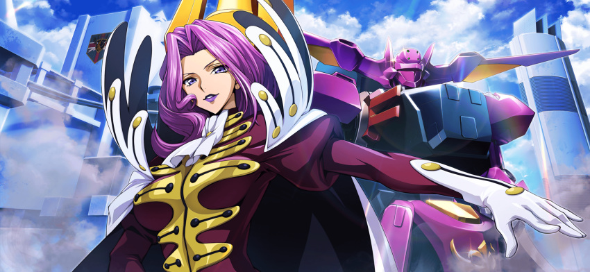 1girl arm_up artist_request ascot blue_sky breasts cape city cloud coat code_geass code_geass:_lost_stories cornelia_li_britannia day forehead game_cg glint gloucester_(code_geass) gloves hair_intakes happy high_collar highres juliet_sleeves large_breasts lipstick long_hair long_sleeves looking_at_viewer makeup mecha military_uniform non-web_source official_art outdoors outstretched_arm parted_lips puffy_sleeves purple_eyes purple_hair purple_lips red_coat robot sidelocks sky smile smoke solo standing teeth uniform upper_body v-shaped_eyebrows white_ascot white_cape white_gloves