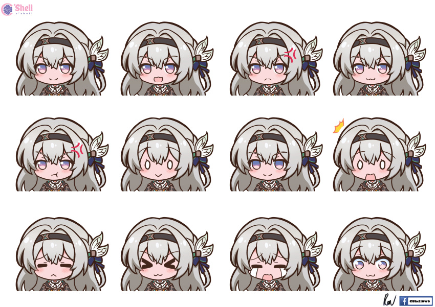&gt;_&lt; 0_0 1girl :&gt; :&lt; :3 :d :t absurdres black_hairband blue_ribbon blush bow closed_mouth cropped_torso crying expressions facebook_username firefly_(honkai:_star_rail) frown furrowed_brow gradient_eyes grey_hair hair_between_eyes hair_bow hair_intakes hair_ribbon hairband highres honkai:_star_rail honkai_(series) long_hair looking_at_viewer multicolored_eyes multiple_views open_mouth pink_eyes pout purple_eyes ribbon ron_(hengyep) sidelocks signature simple_background smile streaming_tears tears v-shaped_eyebrows watermark white_background white_bow