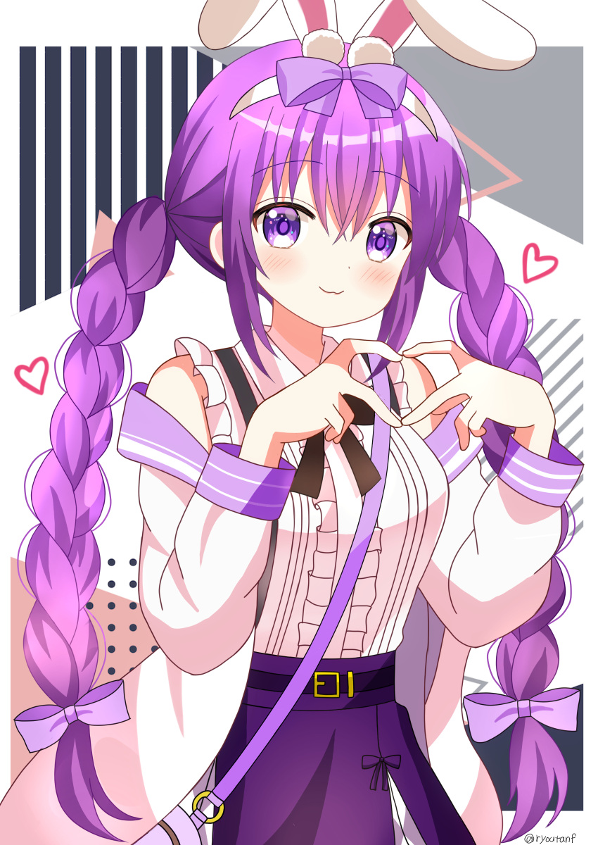 1girl absurdres animal_ear_fluff animal_ears bag black_bow blush bow braid breasts center_frills closed_mouth collared_shirt commentary_request fake_animal_ears frilled_shirt frills gochuumon_wa_usagi_desu_ka? hair_bow hairband hands_up heart heart_hands highres jacket long_sleeves medium_breasts off_shoulder open_clothes open_jacket polka_dot polka_dot_background puffy_long_sleeves puffy_sleeves purple_bow purple_eyes purple_hair purple_skirt rabbit_ears ryoutan shirt shoulder_bag sidelocks skirt sleeveless sleeveless_shirt smile solo striped_background tedeza_rize twin_braids twintails white_background white_hairband white_jacket white_shirt