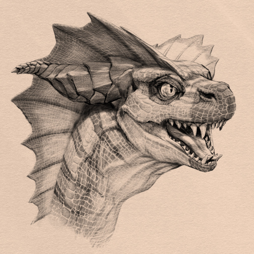 1:1 ambiguous_gender dragon fangs feral forked_tongue frill_(anatomy) head_crest head_frill headshot_portrait hi_res horn khyaber long_neck monochrome neck_frill open_mouth portrait ridged_horn scalie simple_background solo teeth three-quarter_view tongue