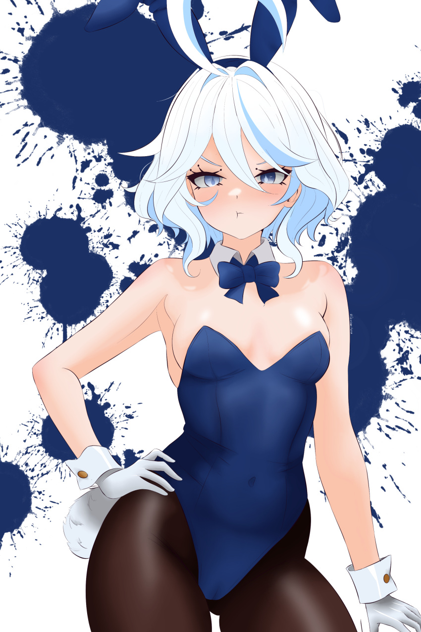 1girl absurdres ahoge animal_ears black_pantyhose blue_eyes blue_hair blue_leotard bow bowtie breasts covered_navel detached_collar drop-shaped_pupils english_commentary furina_(genshin_impact) genshin_impact gloves hair_between_eyes hand_on_own_hip heterochromia highres leotard light_blue_hair looking_at_viewer mismatched_pupils mixed-language_commentary multicolored_hair pantyhose playboy_bunny pout rabbit_ears rabbit_tail short_hair small_breasts solo splotch stasyafelix strapless strapless_leotard streaked_hair tail white_background white_gloves wrist_cuffs