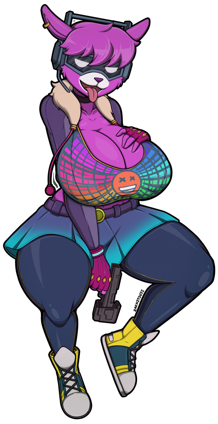 absurd_res alpaca alpha_channel anthro big_breasts bottomwear breasts camelid clothed clothing dj_bop electronics epic_games female footwear fortnite gun hand_on_breast handgun headphones hi_res holding_gun holding_handgun holding_object holding_pistol holding_weapon huge_breasts jacket mammal open_mouth pistol ranged_weapon shoes skirt sneakers solo tongue tongue_out topwear weapon zomboyde