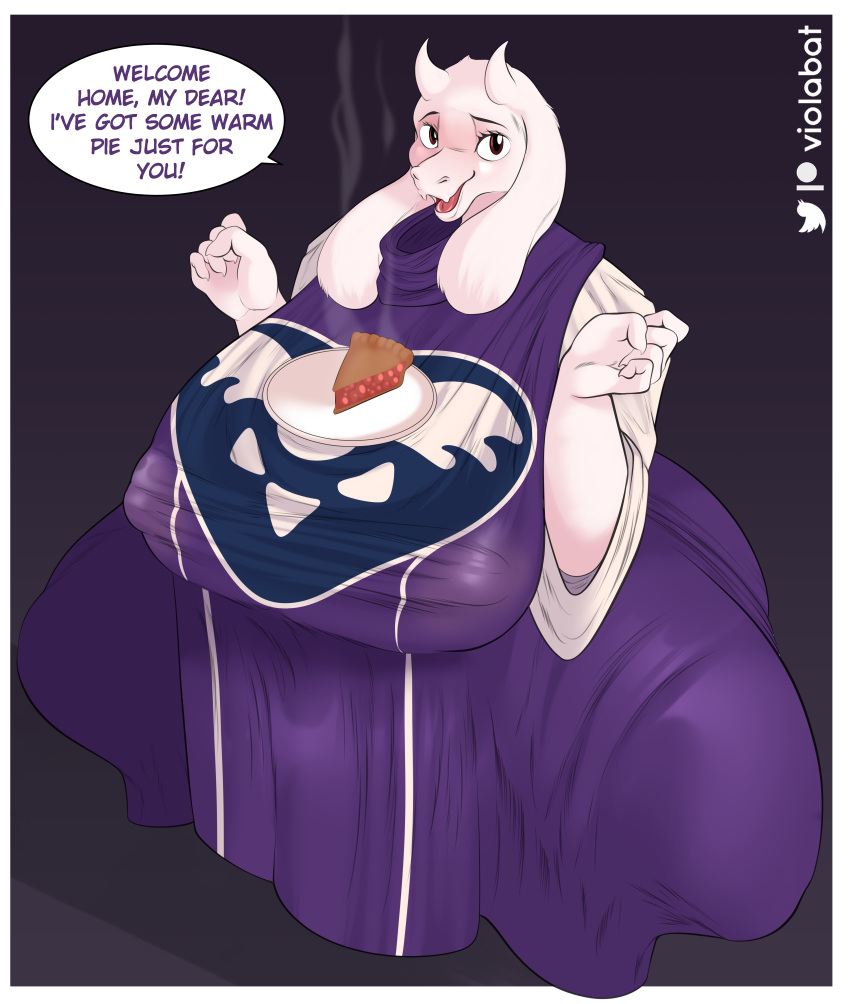 abstract_background absurd_res anthro big_breasts bovid breasts caprine clothed clothing crouching curvy_figure dialogue dress female food fur goat hi_res horn looking_at_viewer mammal mature_female pastry pie plate skimpy smile solo talking_to_viewer tight_clothing toriel undertale_(series) viola_bat voluptuous white_body white_fur