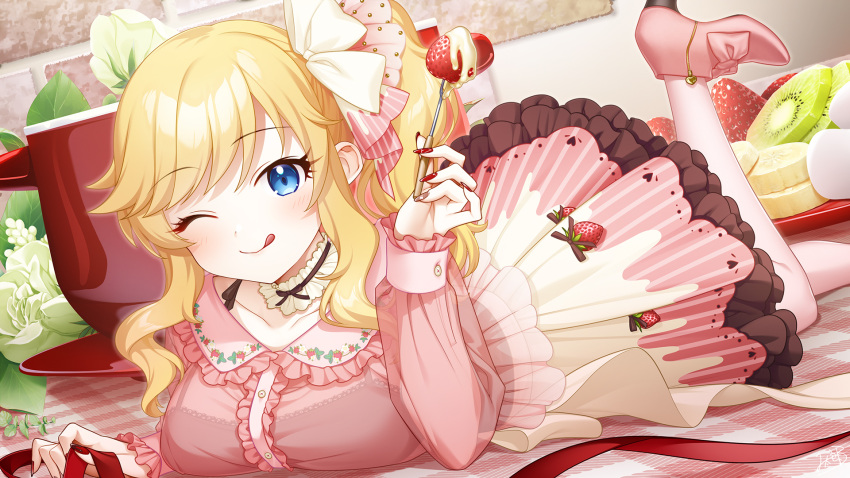 black_choker blonde_hair blue_eyes blush bra bra_visible_through_clothes breasts choker collarbone dress food food-themed_clothes fork high_heels highres holding holding_fork idolmaster idolmaster_cinderella_girls lace-trimmed_bra lace_trim licking_lips long_hair looking_at_viewer lying medium_breasts mikapoe ohtsuki_yui on_stomach one_eye_closed pink_footwear ribbon_choker see-through see-through_dress side_ponytail sidelocks smile tongue tongue_out underwear wavy_hair