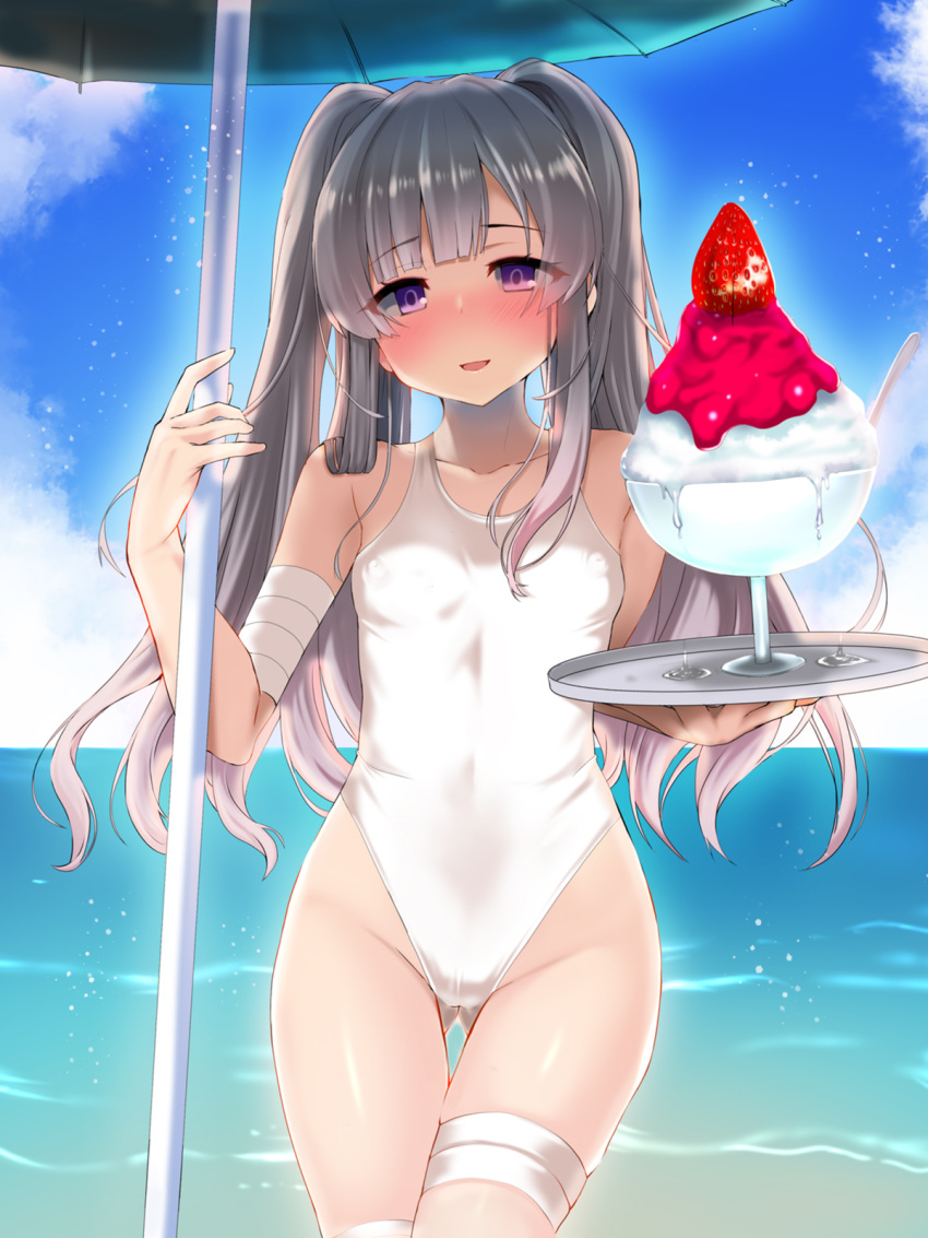 1girl ass_visible_through_thighs blue_sky blush breasts cloud day food grey_hair highres horizon ice_cream idolmaster idolmaster_shiny_colors long_hair looking_at_viewer ocean okuri_banto one-piece_swimsuit one_eye_covered outdoors parasol purple_eyes revision sky small_breasts solo summer swimsuit thigh_gap thighs umbrella white_one-piece_swimsuit yukoku_kiriko