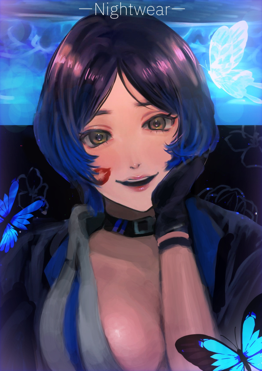 1girl aegyo_sal black_choker black_gloves blue_butterfly blue_hair blush breasts bug butterfly choker english_text gloves glowing_butterfly grey_shirt hand_on_own_cheek hand_on_own_face hayami_kanade highres idolmaster idolmaster_cinderella_girls large_breasts lipstick_mark lipstick_mark_on_face looking_at_viewer parted_bangs parted_lips shiitaketake shirt smile solo upper_body